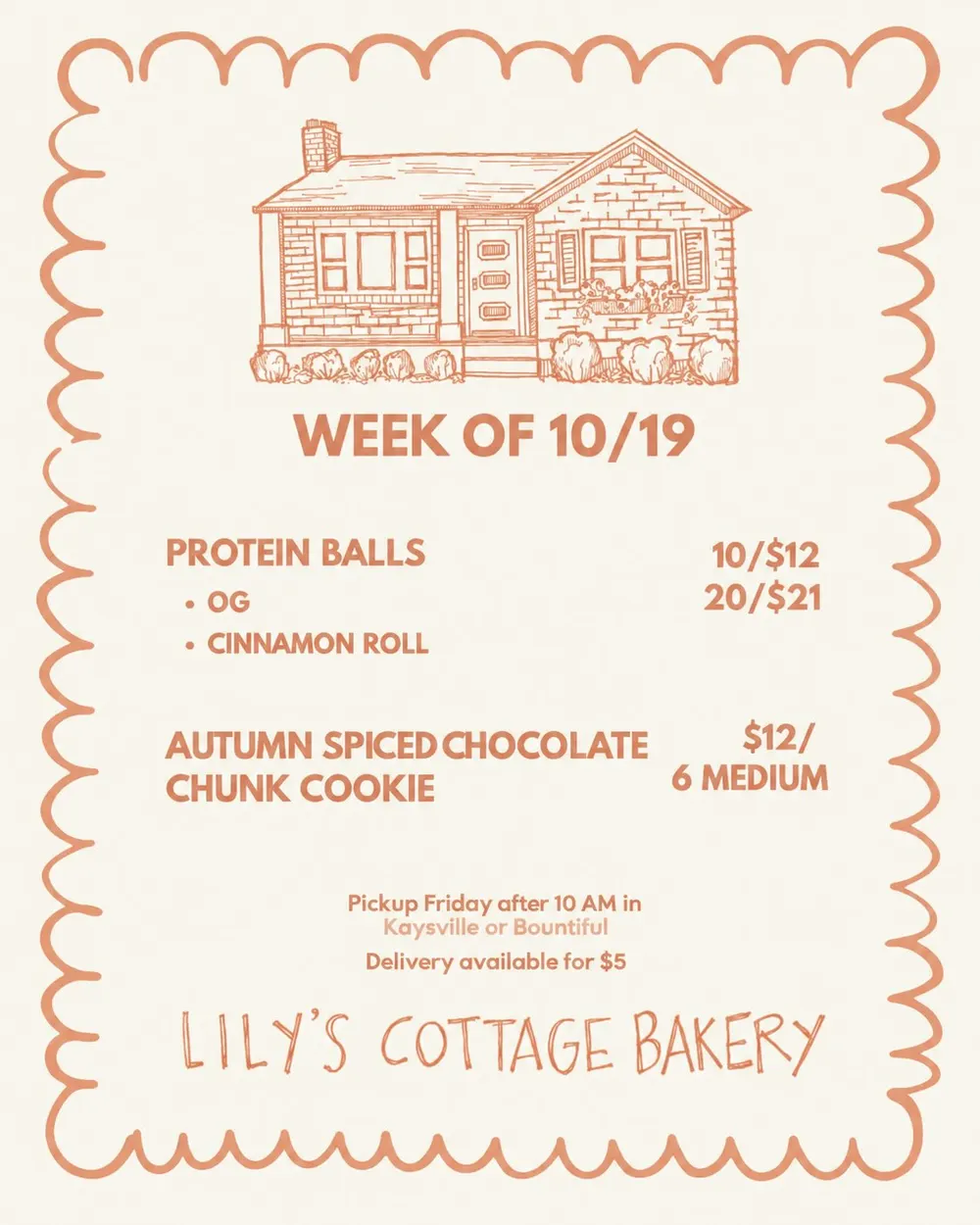Lily's Cottage Bakery weekly menu post for the week of 10/19, drawn with the cottage logo